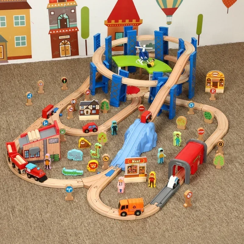 Symulowany park miejski ruch uliczny dom sklep samochód helikopter zestawy Drewniany pociąg tor kolejowy drewniane szyny transport puzzle układanka prezent