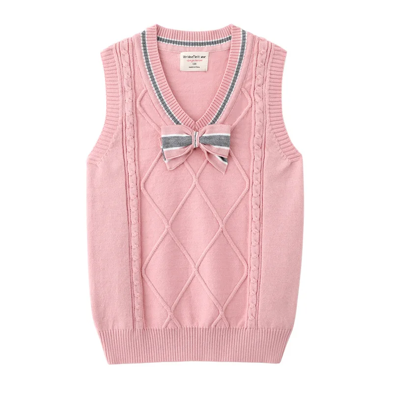 Autumn Winter Children Girls Sleeveless Vest Cotton Knotbow V-collar Infant Baby Girls Pullovers Loose Casual Toddler Girls Vest