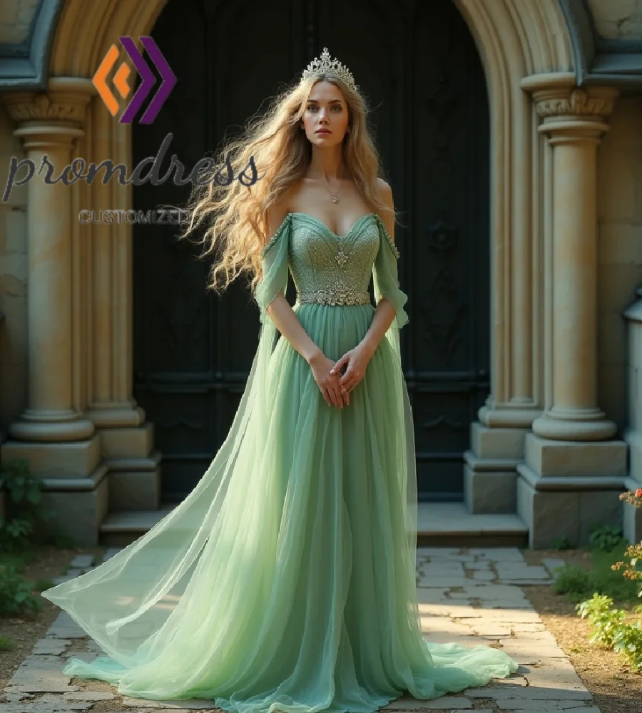 

Mint Green Fairy Elf Evening Dress Off Shoulders Flowy Tulle French Duchess Prom Dresses Beaded Costume Masquerade Formal Party