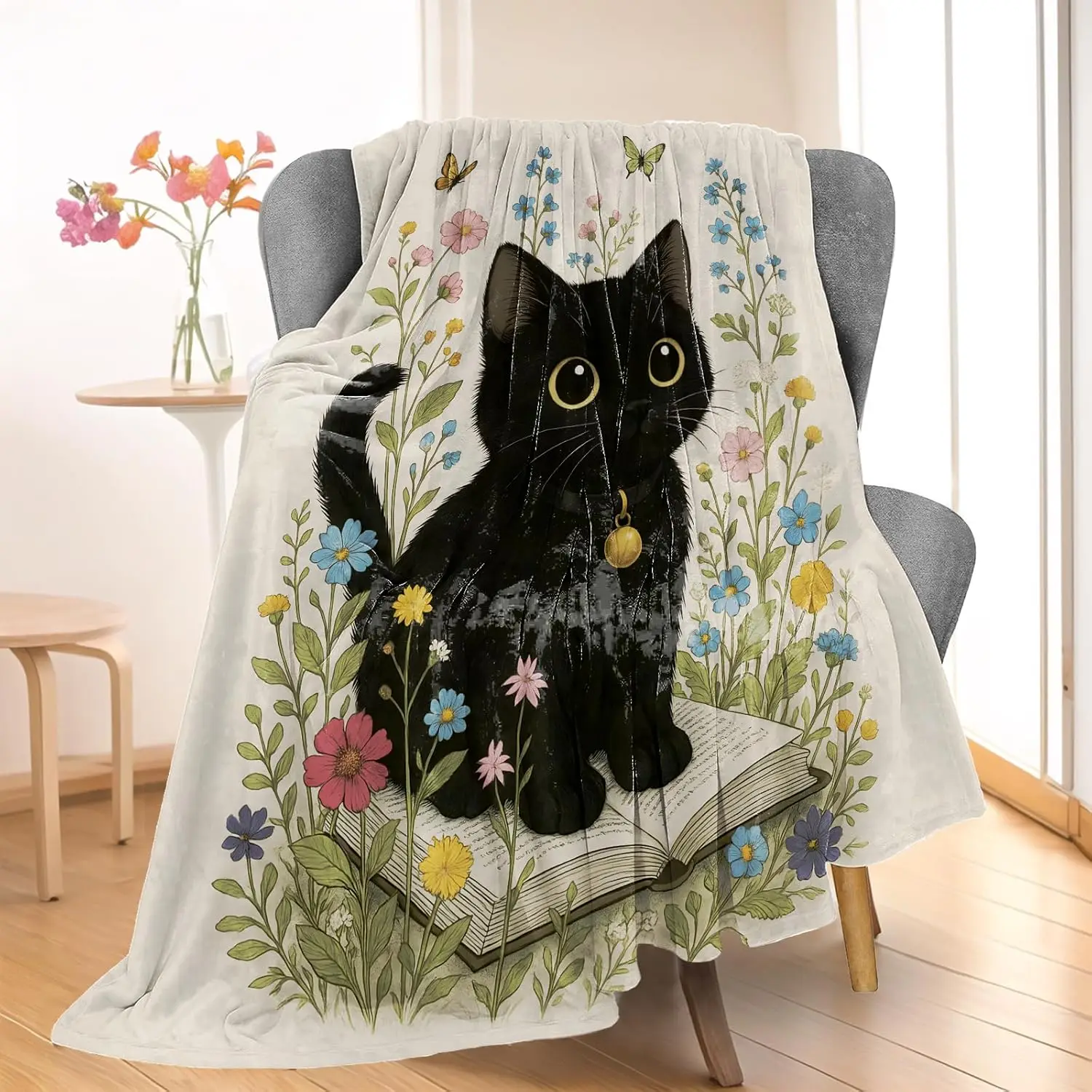 Black Cat Floral Throw Blanket Cottagecore Whimsical Kitten Plush Lap Throw Cozy Gift For Cat Lover Nursery Decor