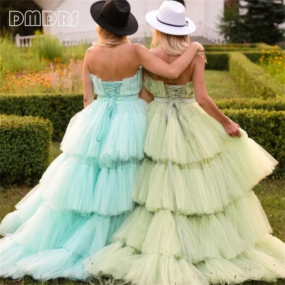 Mustard Green Fluffy Tiered Women Tulle Dress Strapless Ballgown Plus Size Lace-up Back Prom Dresses Party Gown Many Colors