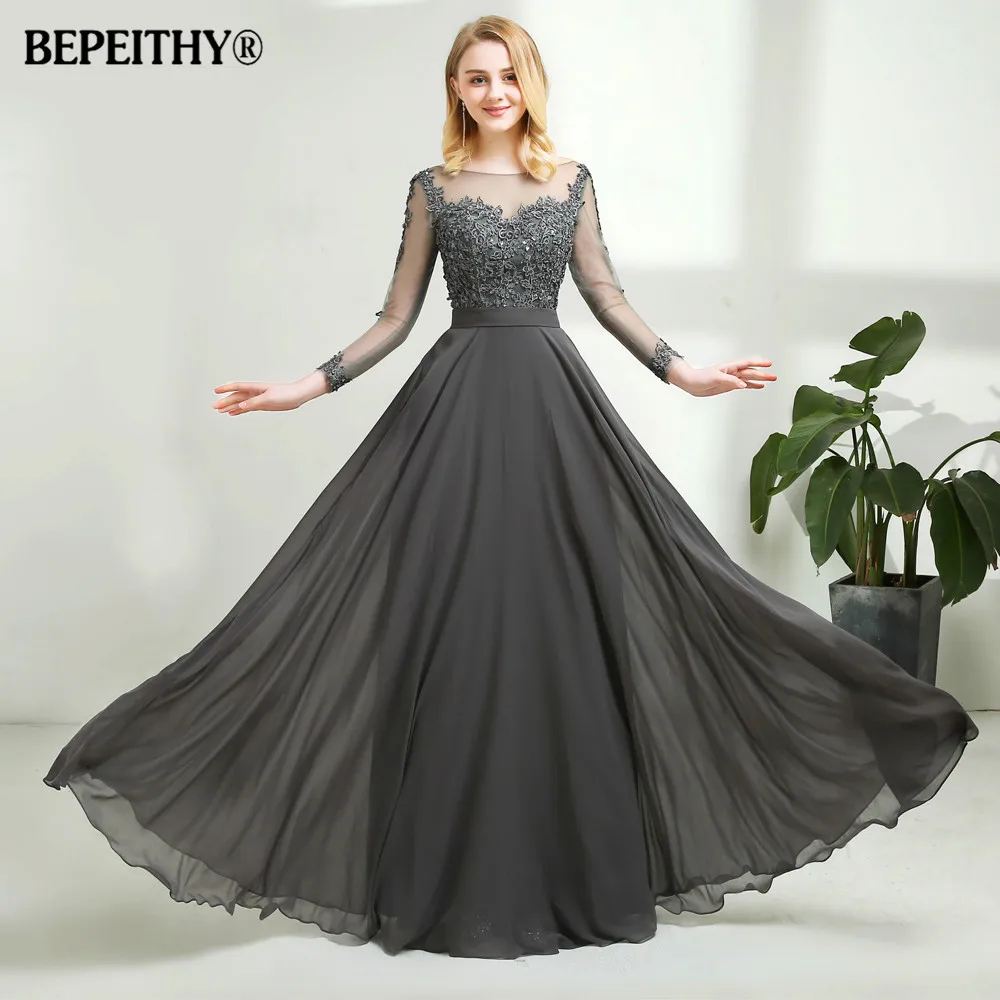 BEPEITHY Customized Elegant Long Sleeves Chiffon Prom Dress 2023 Sexy Open Back Lace Vestidos Para Mujer A-line Evening Dress