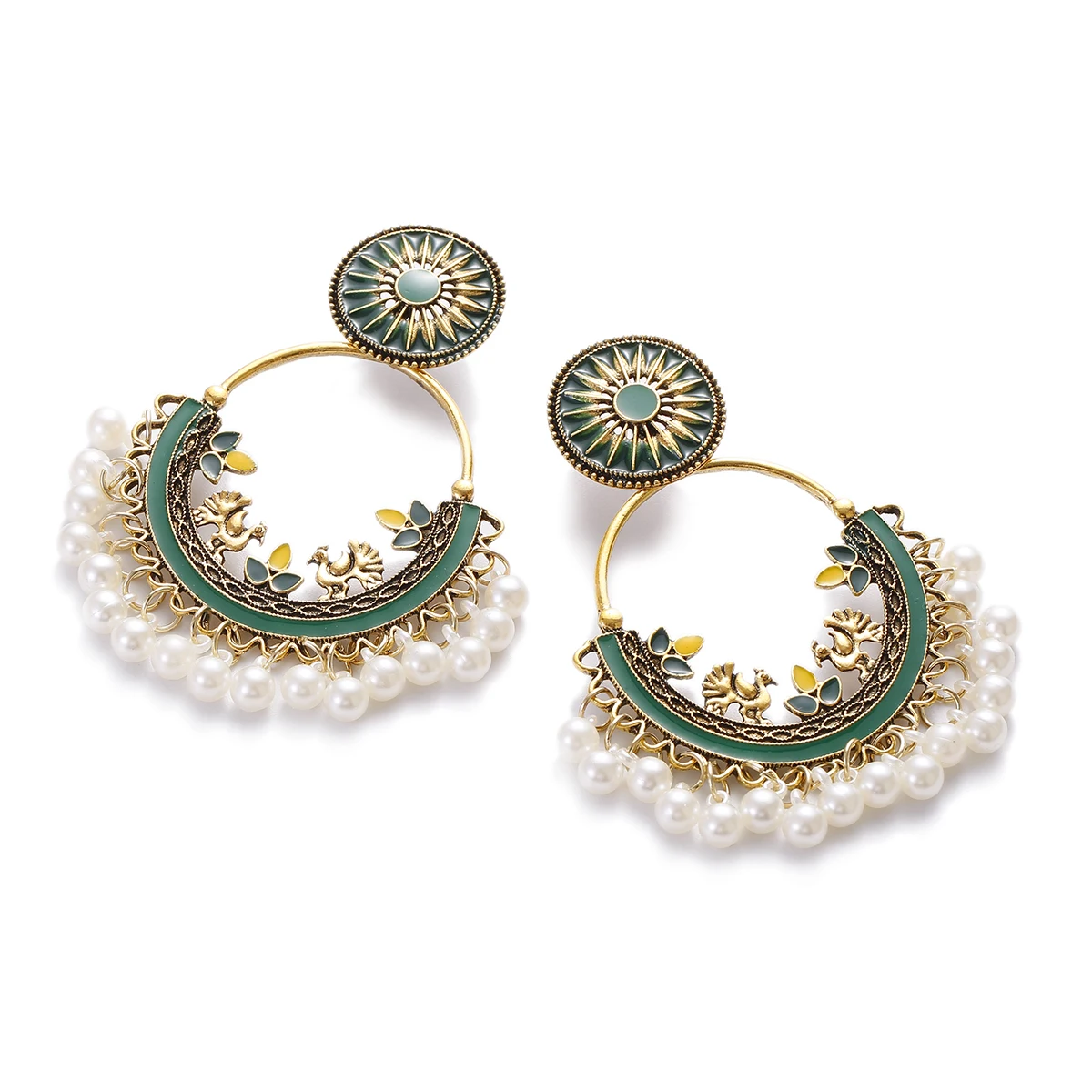 

Women's Green Peacock Round Gold Color Dangle Earrings Indian Pearl Tassel Earrings Flower Gypsy Jewelry