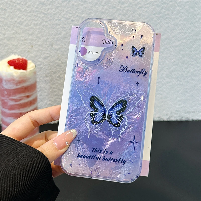 Luxury Gradient Butterfly Purple Glitter Laser Phone Case For iPhone 11 12 13 14 15 16 pro max Bling Fashion Shockproof Cover