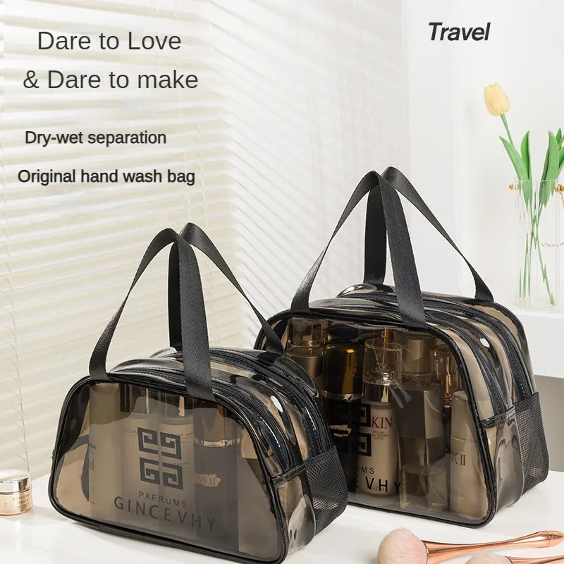 PVC Dry Wet Separation Transparent Makeup Bag 2024 New Trapezoidal Portable Travel Storage Bags Portable Toiletries Bag Hot Sale