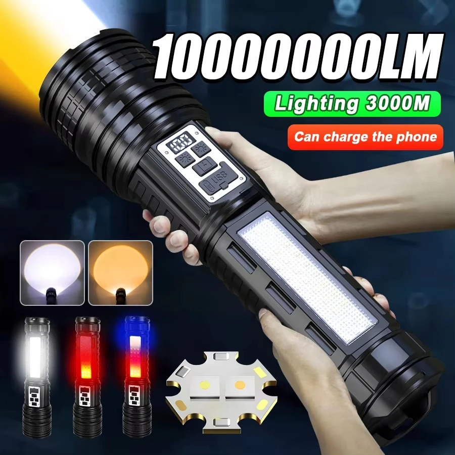 Super Big Flashlight USB Rechargeable Most Strong LED Flash Light Long Range Torch Zoom Outdoor With Digital Power Display