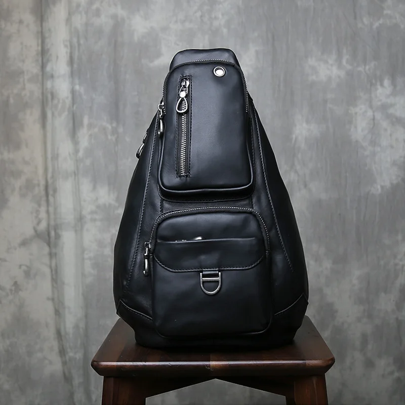 Bolso de pecho de gran capacidad de piel de vaca con capa de cabeza, bandolera de cuero genuino multifuncional, mochila de viaje informal para hombre