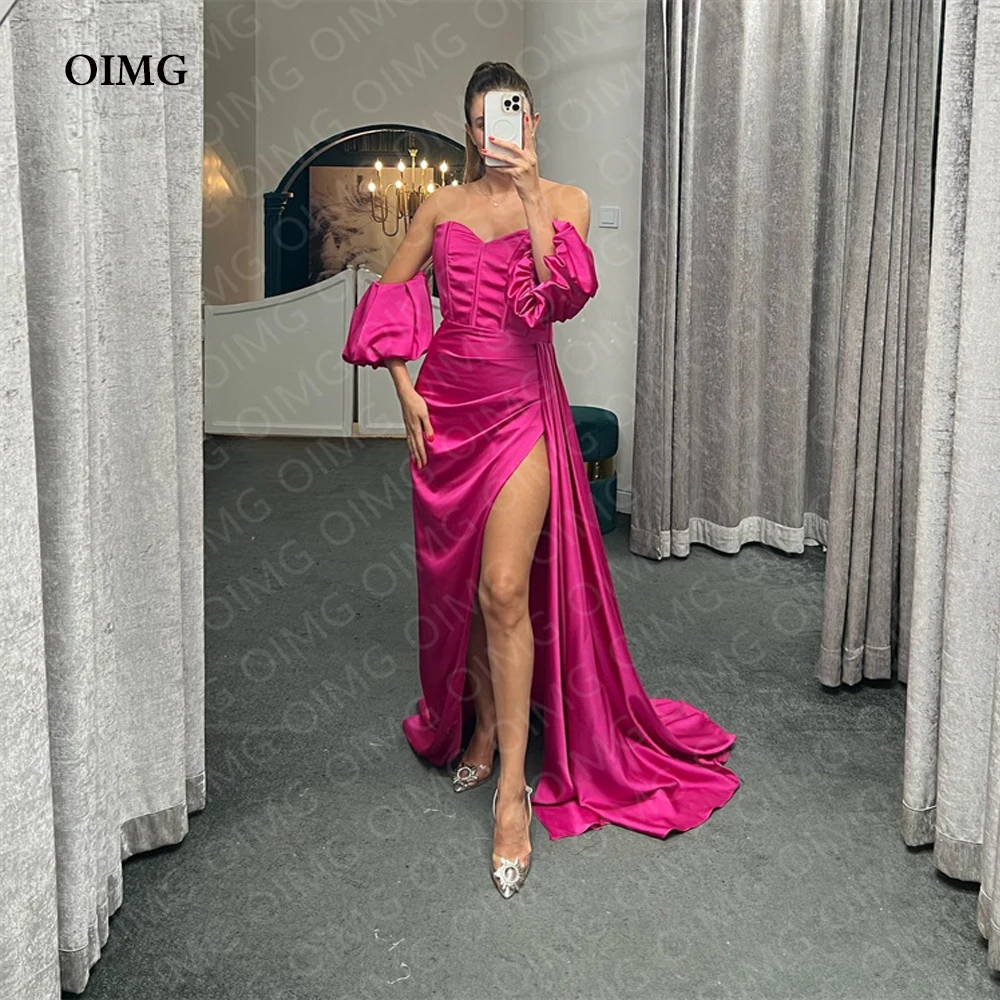 

OIMG Sexy Satin Fuschai Side Slit Party Evening Dresses Short Sleeves Arabic Floor Length Formal Prom Dress Night Event Occasion