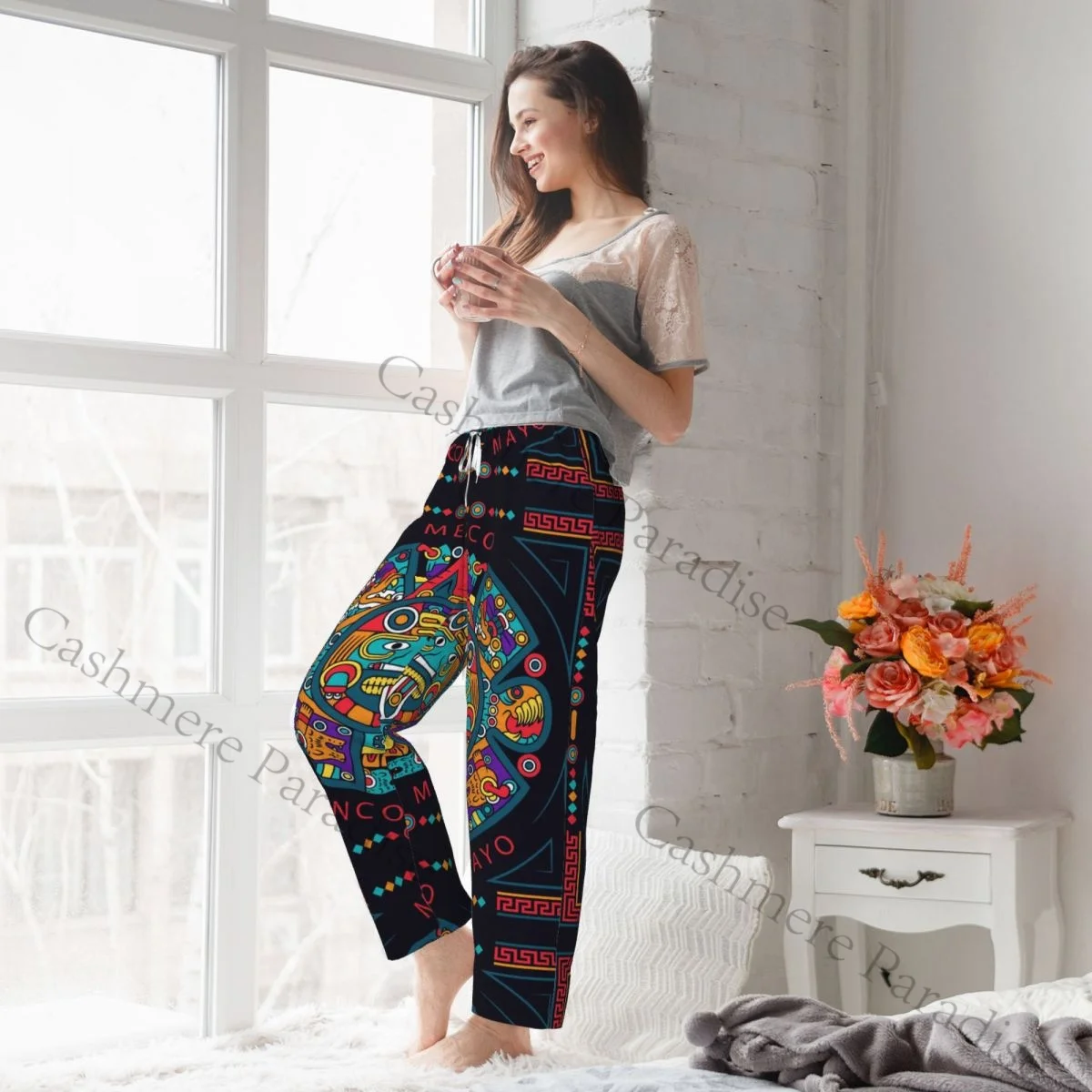 Calças de pijama de flanela étnica asteca para mulheres calças de dormir macias e quentes com cintura elástica