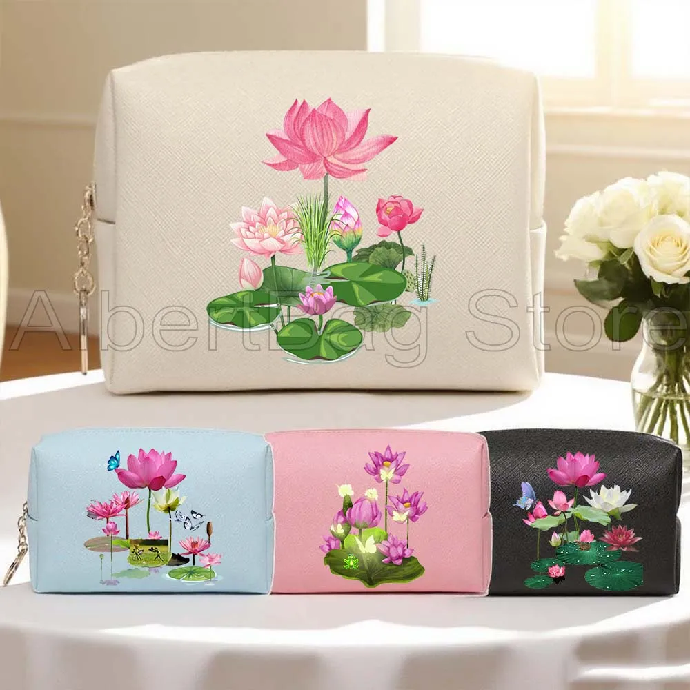 

Lotus Flower Painting Gifts Cute PU Leather Travel Cosmetic Bag Portable Women Makeup Waterproof Toiletry Organizer Storage Bag