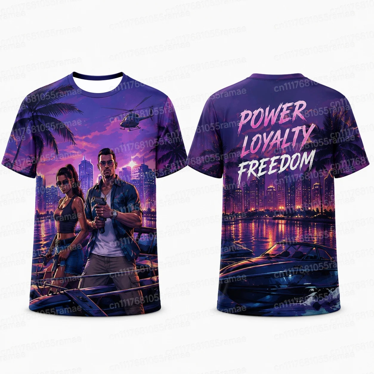Vice City Retro Synthwave T-Shirt mit beidseitigem Aufdruck, Unisex, Miami-Palmenmuster, Sport-T-Shirt, atmungsaktives Mesh-Material, schnelltrocknend, Streetwear-Oberteil. – Detail 5