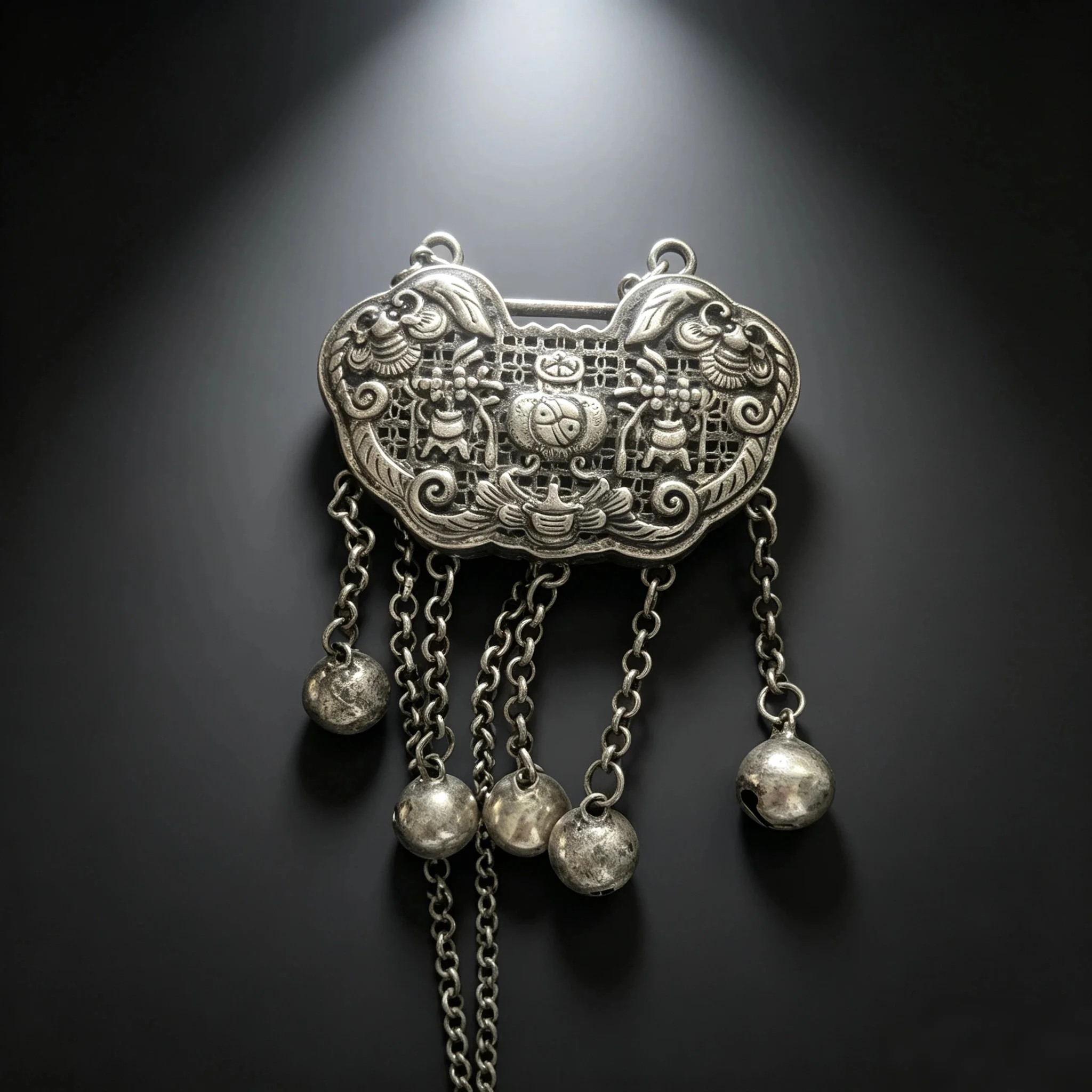 Vintage Chinese Lock Pendant Antique Silver‑Tone Hollow Carved Longevity Lock With Bells Tassel DIY Necklace Jewelry Making Char