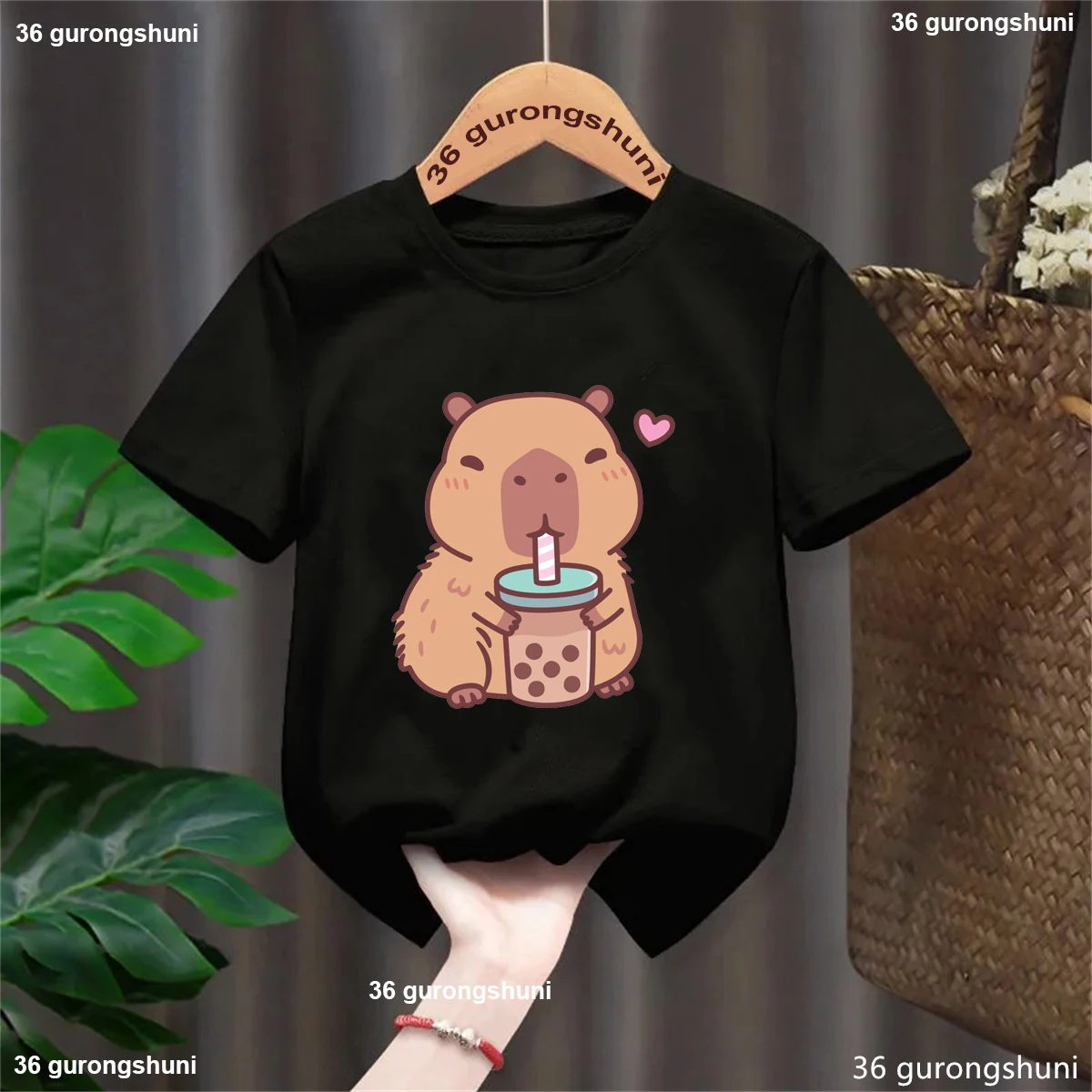 Cute Capybara Loves Orange Juice Printed T Shirt Girls/Boys Kawaii Kids Clothes Funny Solid Tshirt Summer Tops Fashion T-Shirt