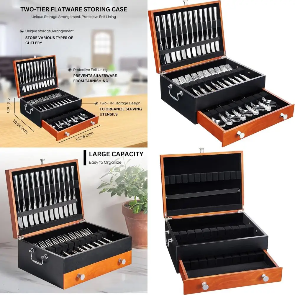 

Anti-Tarnish Wooden Silverware Chest for Safekeeping Sterling Flatware for 12-16 Pieces