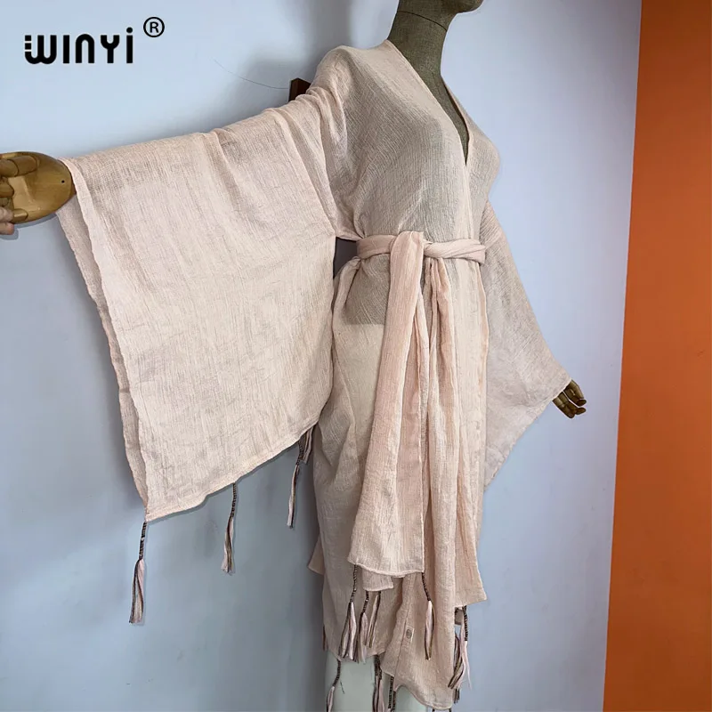 WINYI kimono Africa płaszcz z paskiem moda kaftans okrycie plażowe-up z frędzlami monochromatyczny kardigan stroje plażowe dla kobiet vestidos