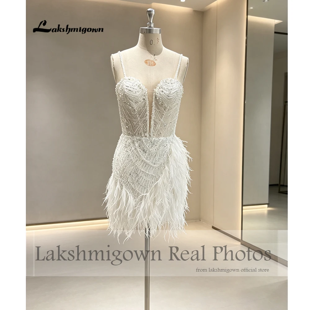 Lakshmigown Glänzendes Paillettenbesetztes Kurzes Hochzeitskleid Echte Fotos Perlenbesetztes Sweetheart-Kleid mit Quasten und Federn Mini-Afterparty-Kleid Maßanfertigung – Detail 5