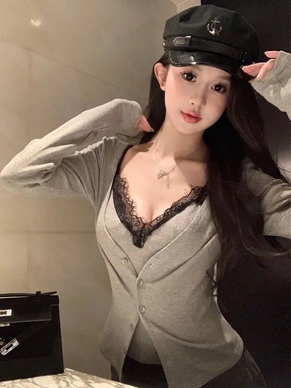 

Sexy Lace Trim Long Sleeve Open Cardigan Two Piece Set Women's Fashion Hong Kong Style Autumn New Pure Desire Design