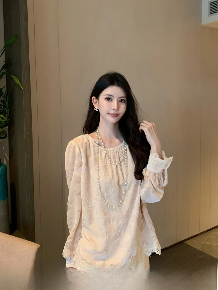 

KUN Morning Blossom Apricot Velvet Emed Lace irt Women's High-End Feel Top Autumn Season Long Sve Loose Fit Blouse