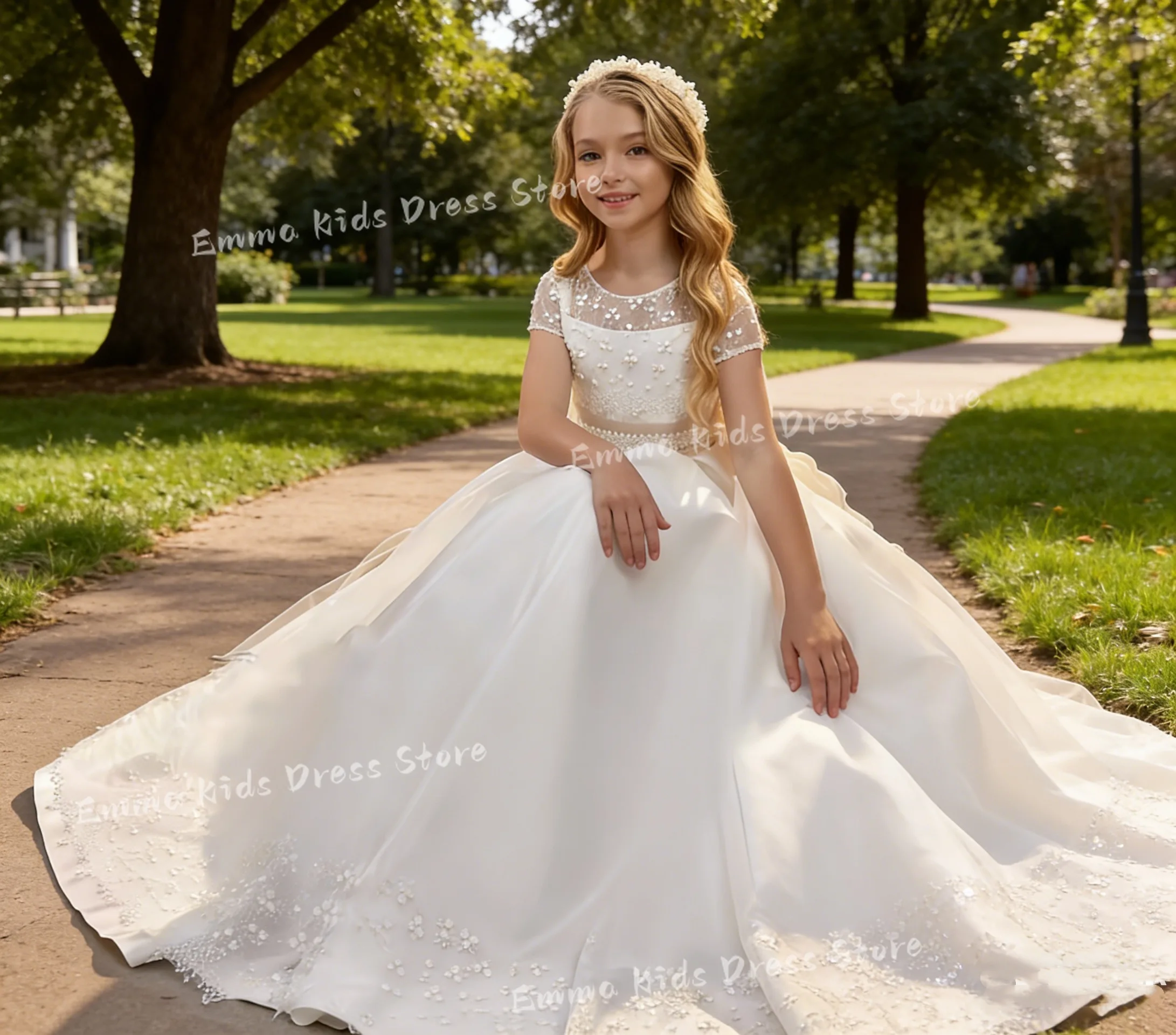 

DROISCustom Satin Flower Girl Dress Elegant Wedding Bridesmaid Half-sleeve Lace Bow First Communion Prom Party Children's Dress