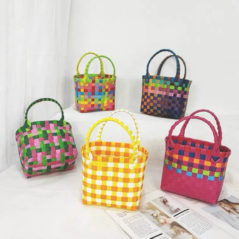 New Woven Bag Small Square Bag Plastic Vegetable Basket Bag Small Color Basket Photo Taking and Beach Bag Handbags for Women