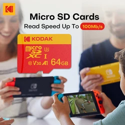 Kodak V30 U3 C10 Micro SD Card 32GB 64GB 128GB 256GB Flash Memory Card, Read Speed 100MB/s, with Adapter, for Camera & Phone