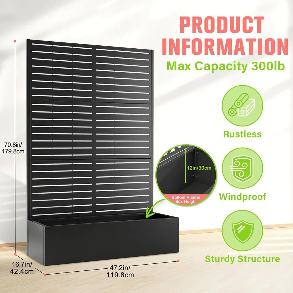 زارع معدني أسود 47 لتر × 17 وات × 71 ساعة مع تعريشة وصرف وشاشة خصوصية لنباتات التسلق #4