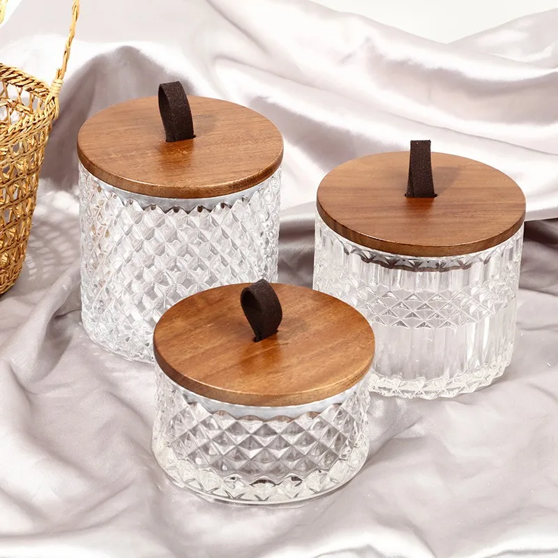 

American Creative Acacia Wood Cover Glass Storage Jar Sealed Sundry Jar Storage Jar Tea Jar Candle Jar Living Room Decoration