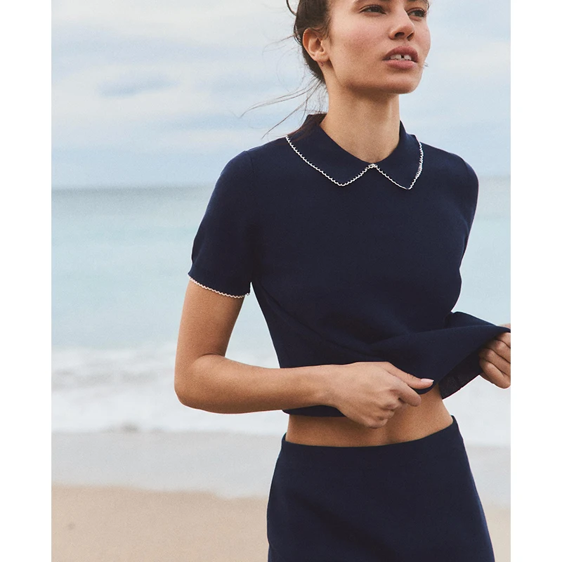 Falda de punto informal con cuello, diseño y decoración, conjunto superior ort Sve versátil para mujer, Faion de verano