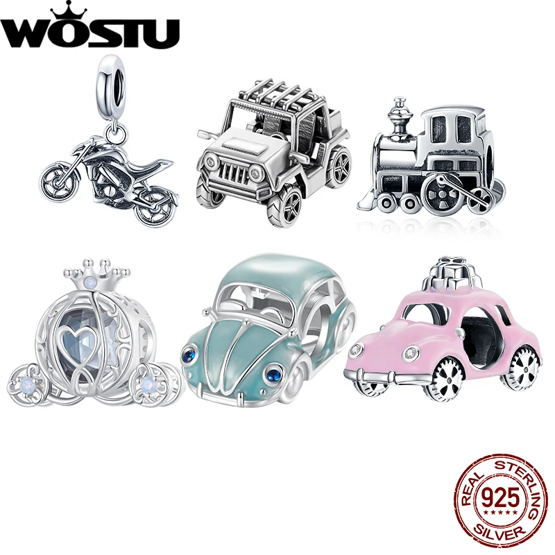 

WOSTU 925 Sterling Silver Car Charm Off-road Vehicles Pendant Bicycle Train Vintage Fit for Women Boy Bracelet DIY Fine Jewelry