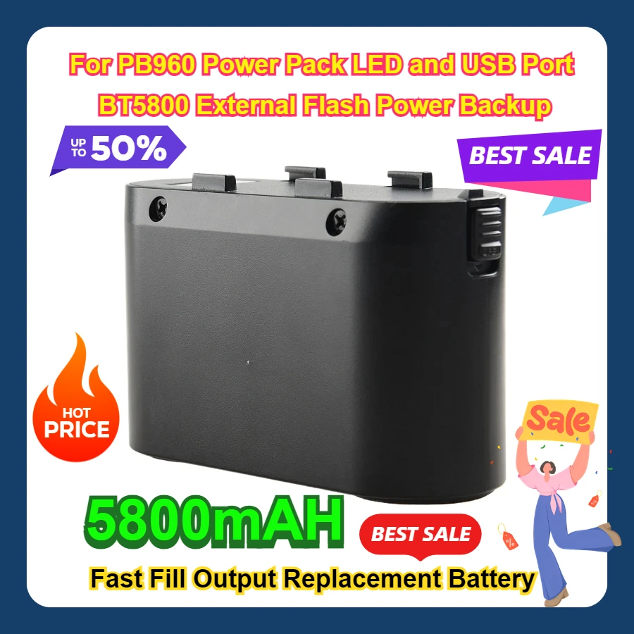 For PB960 Power Pack LED and USB Port BT5800 External Flash Power Backup Fast Fill Output Replacement Battery 5800mAH