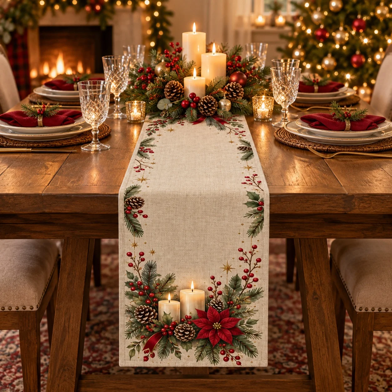 Christmas Table Runner Beige Holiday Tablecloth Pine Cone Candle Poinsettia Dining Table Decoration