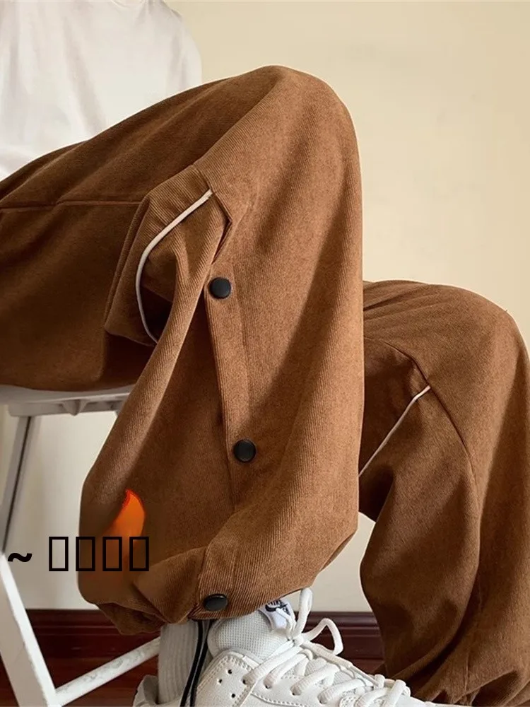 

Men's Corduroy Sports Pants Winter Thiened Fce Button Cuffed Long Trousers American High Street Trendy Brand Casual Pants