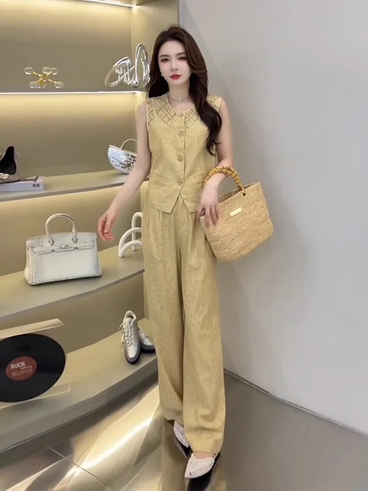 

Fashionable Sisterly High-End Feeling Summer Outfit Women's Sleeveless Top Wide Leg Pants Two-Piece Set Elegant Atmosphere