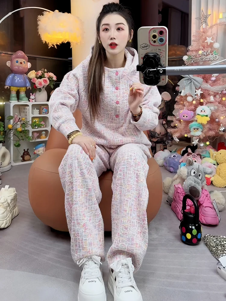   Conjunto de dos piezas con capucha y pantalones informales para mujer, conjunto de mezcla de algodón transpirable con diseño Faion para principios de otoño