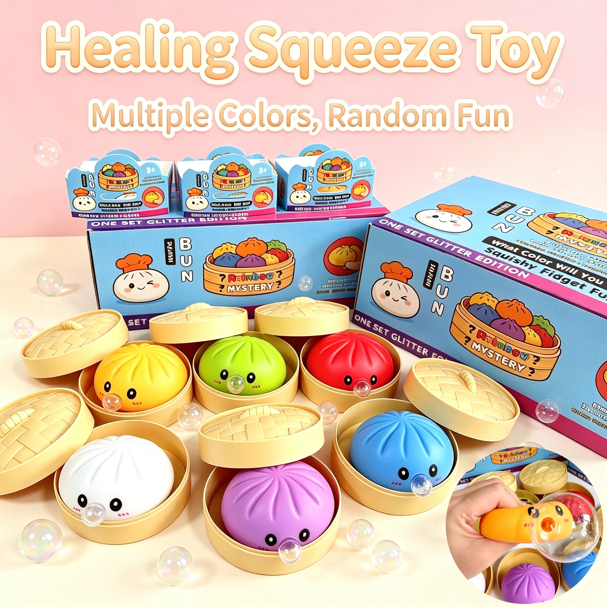 Cute Bubble Blowing Dumpling Squishy Set Soft Stress Relief Squeeze Ball With Steamer Kawaii Steamed Bun For Office Adults Gifts