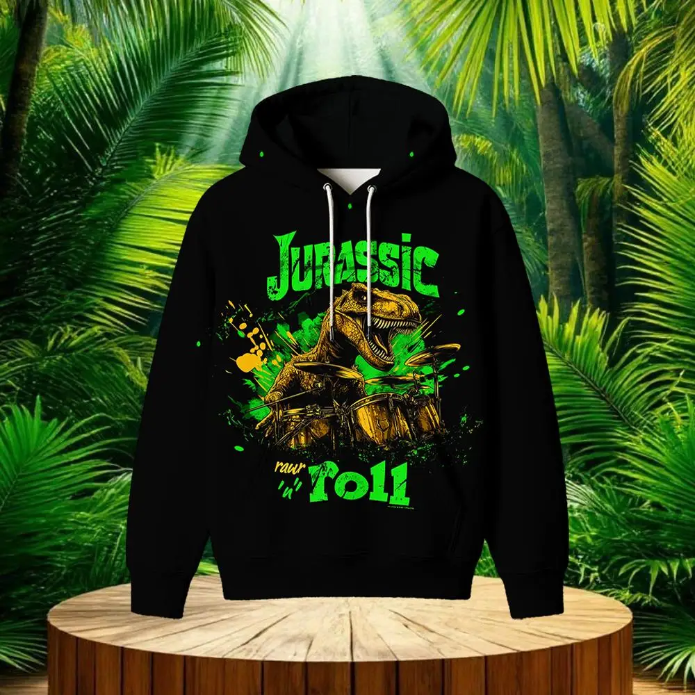 

2025 Autumn New Jurassic Dinosaur Rock Hoodie Tyrannosaurus Rex Guitar Drummer Print Style Punk Music Streetwear Pullover
