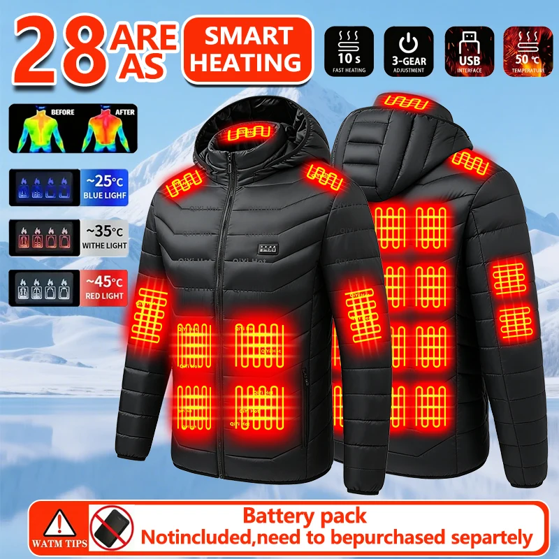Winter Clothing Uae - 28ゾーン加熱ジャケット。冬の寒さ対策に最適。4つの制御スイッチ、USBポート、取り外し可能なフード付き。寒い季節や屋外での使用に最適。
