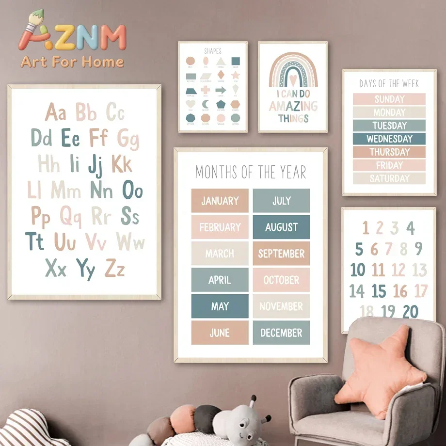 AZNM Boho Alphabet Number Learning Canvas Wall Art Educational Months Week Shapes Art Print Unframed Canvas Poster for Kids Nurs