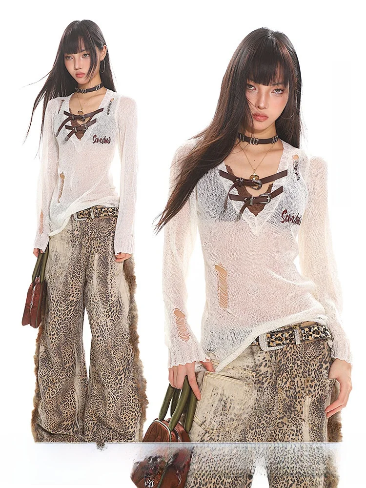 

Женская длинная кофта Uncmhisex в американском стиле Hot Girl, универсальная, ретро, с поясом, синяя, с вырезами и надписями, прозрачная, с V-образным вырезом