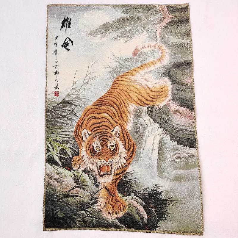 

36" China Embroidered Cloth Silk 12 Zodiac Animal Tiger Go Downhill Painting Mural Meditation Wall Hanging Home Decor Dwcx009