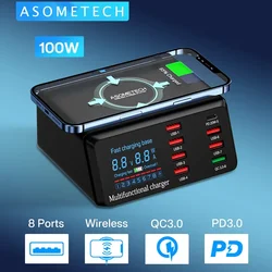 100W 8 Ports USB Charger Quick Charge 3.0 Adapter HUB Wireless Charger Charging Station PD Fast Charger For iPhone 11 13 Samsung