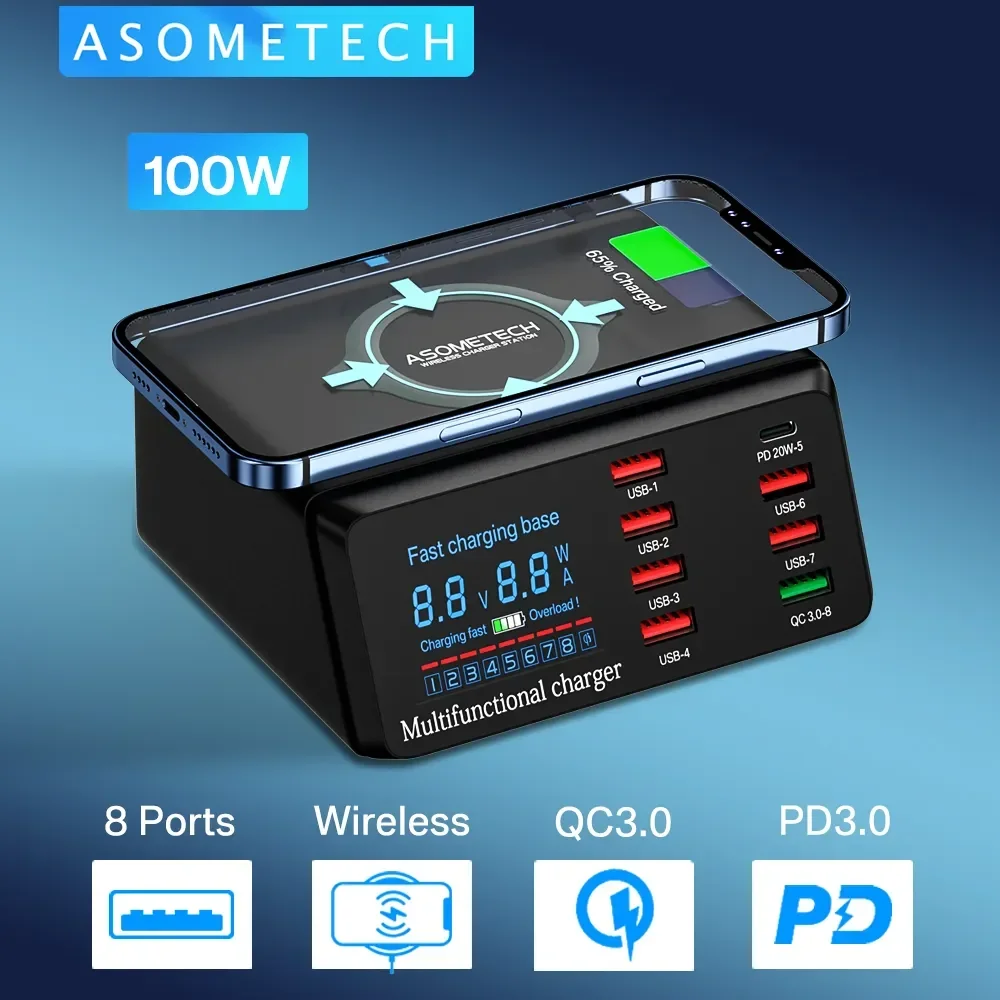 100W 8-portowa ładowarka USB Quick Charge 3.0 Adapter HUB Ładowarka bezprzewodowa Stacja ładująca PD Szybka ładowarka do iPhone 11 13 Samsung