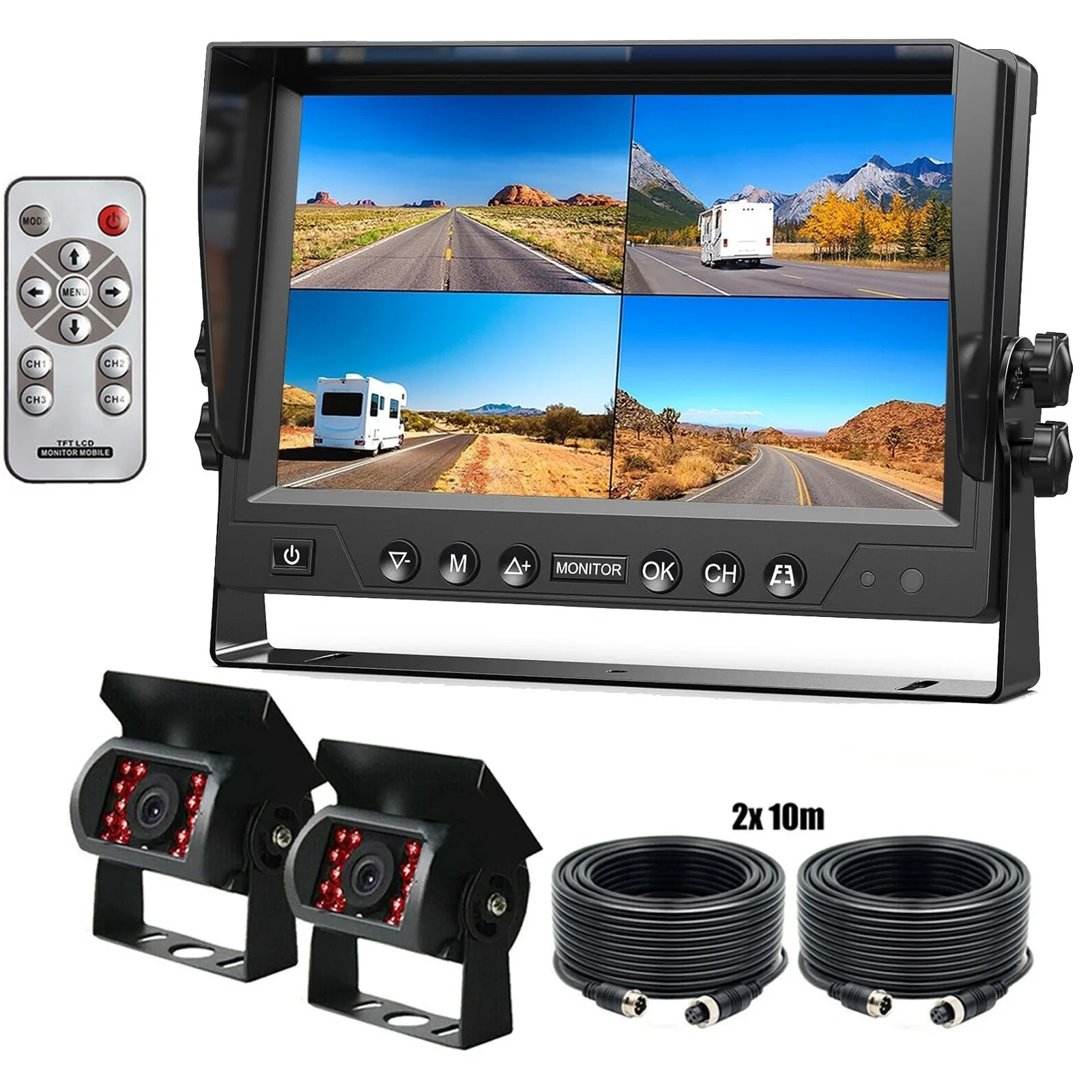 

Lastbus Large Wide Screen 9" Quad Split Monitor + 2x 33ft 4PIN CCD Rear View Reversing Camera For Caravan Truck