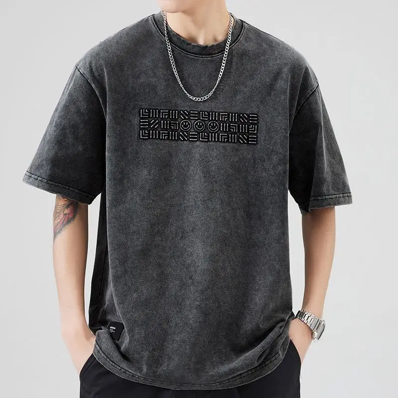 Vintage Plus Size Tops Tees Men's Summer New Short Sleeve Solid All-match Print Letter T Shirts Fashion Casual Men Clothing