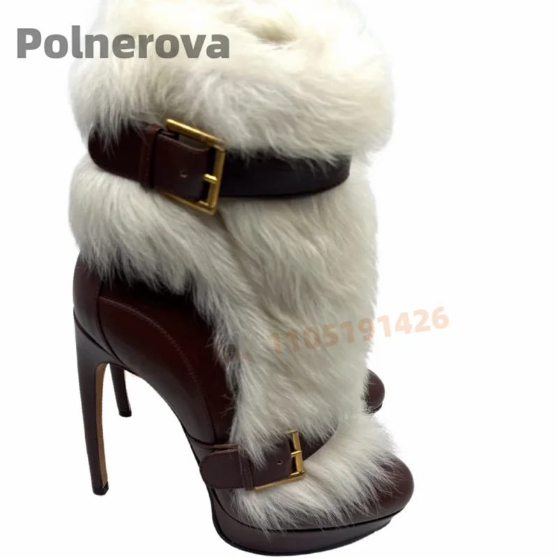 

Faux Fur Platform Ankle Boots for Women Buckle Strap Pointed Toe Thin High Heels Boots Autumn Winter Casual Party Warm Shoes