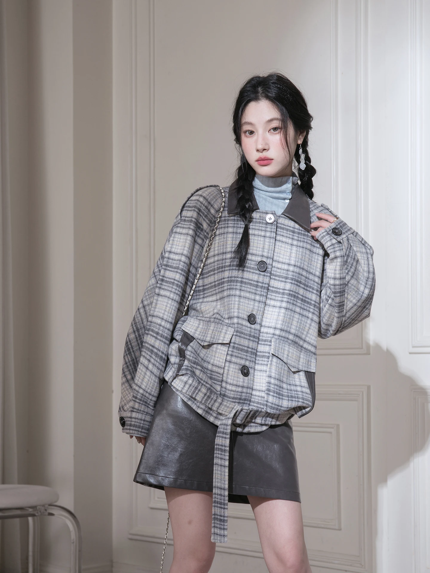 

COTRE Элегантный комплект: шерстяное пальто из твида и кожаная юбка, модный дизайн в клетку, женский модный ансамбль для осени и зимы