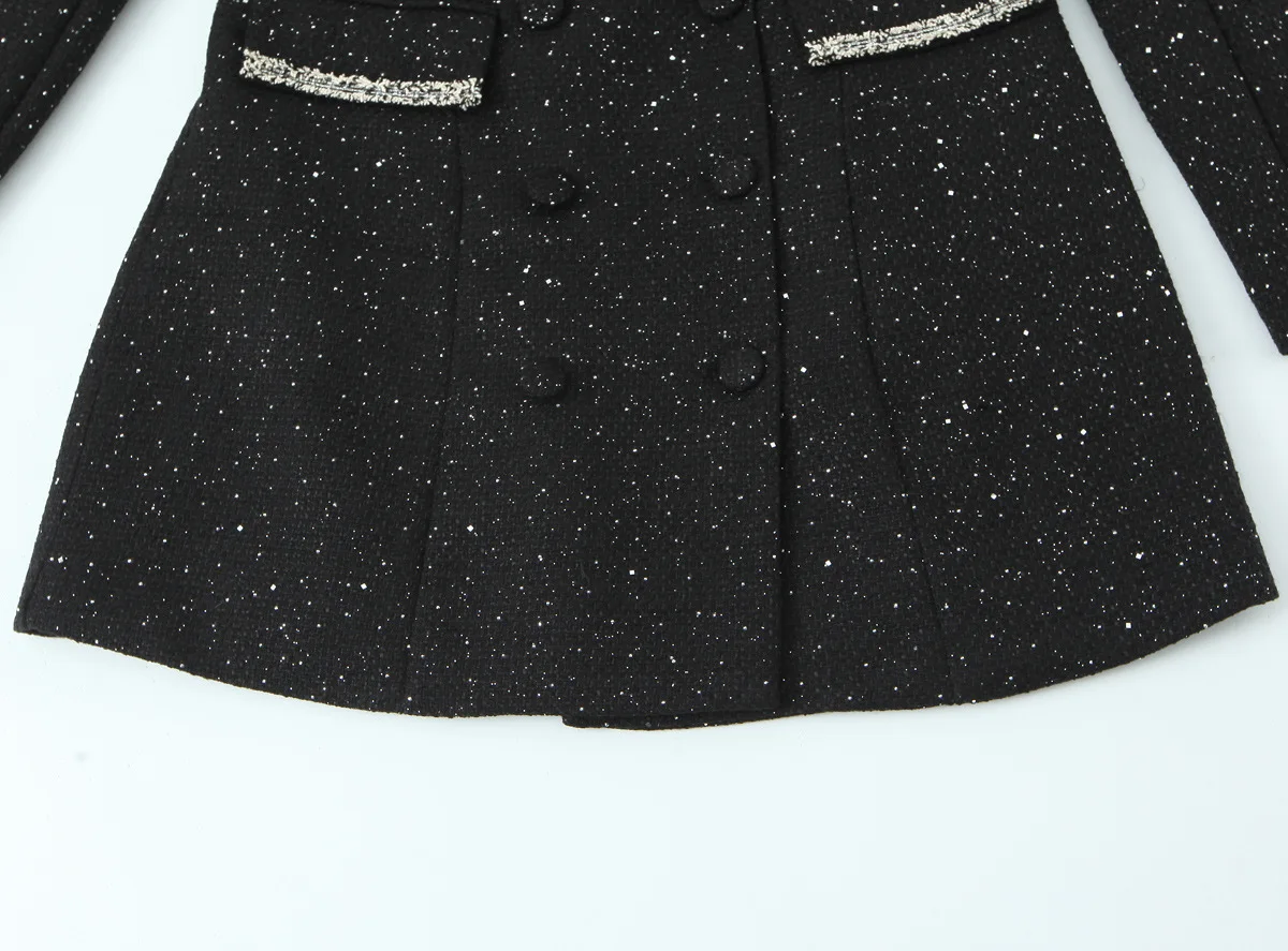 سترة نسائية لخريف/شتاء 2026 معطف طية صدر السترة وأكمام طويلة مطرزة قماش مكتنز مع شريط مدبب سترة بدلة سوداء #4