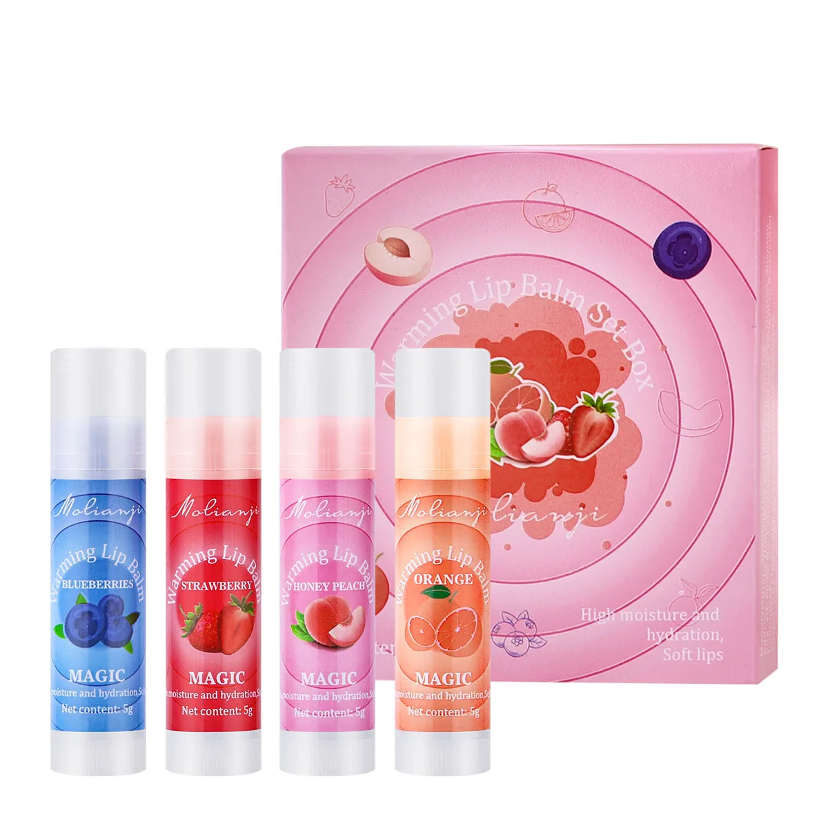 Zestaw balsamów do ust z 4 odcieniami owocowych zapachów, nawilżający olejek do ust zmieniający kolor pod wpływem ciepła, zestaw w pudełku, pielęgnacja ust, odżywczy zestaw balsamów do ust.