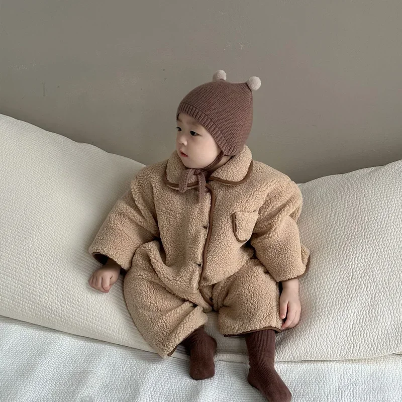 Double-sided Toddler Winter Jumpsuits Baby Girl Boy Clothes Cotton Lamb Wool Infant Romper Kids Outfit Cotton-padded Baby Onesie