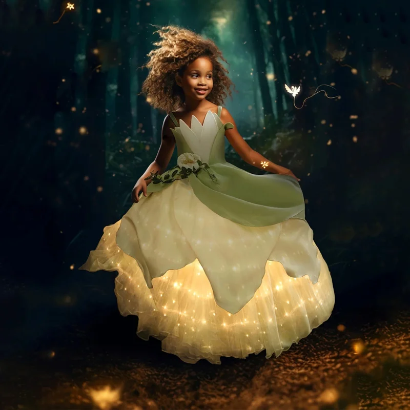 Uporpor Tiana Princess Girls LED Light Up Dress Cosplay Party Halloween Elves Costume Party Infant Green Shoulderless Ball Gown